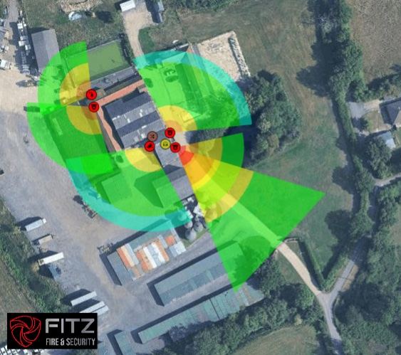 Aerial CCTV coverage plan showing camera positions and fields of view around a farm site