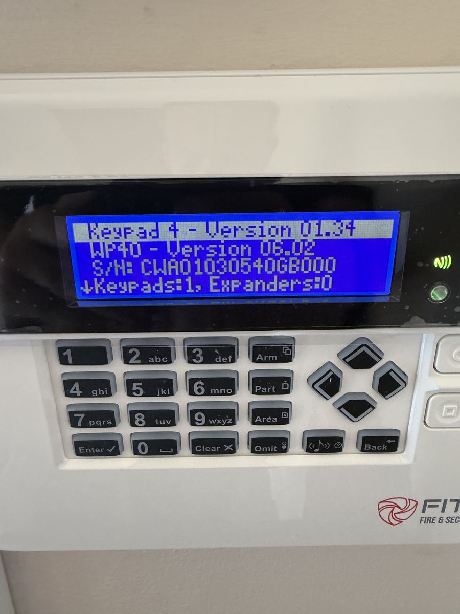 Fitz-branded intruder alarm keypad showing system information