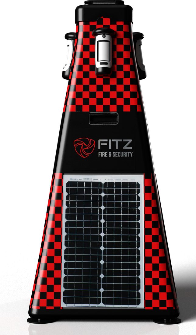 RapiDetect solar-powered rapid deployment security tower in Fitz red and black